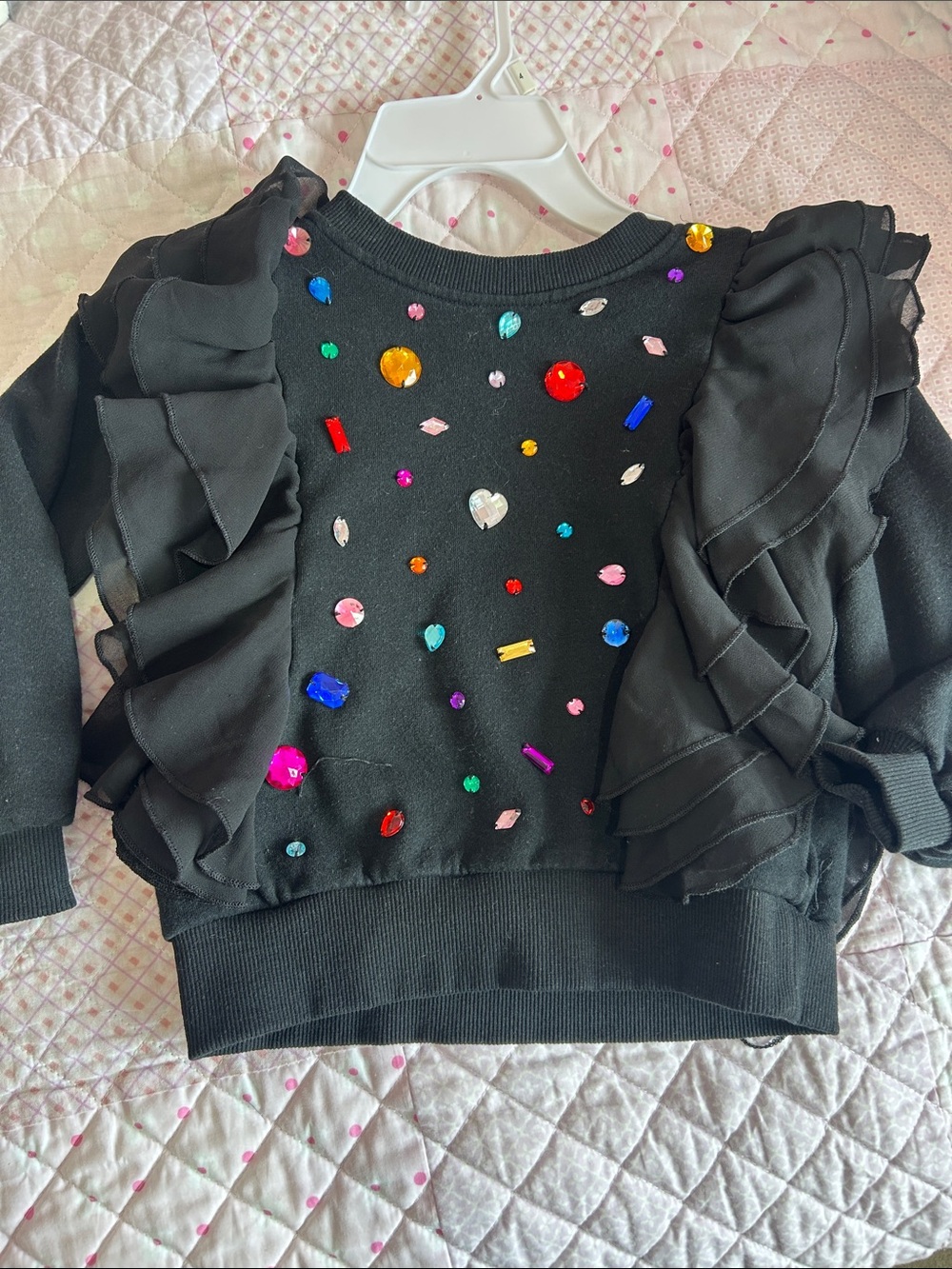 EUC LOLA & THE BOYS Black Ruffle Gem-Embellished Kids Sweatshirt Size 6